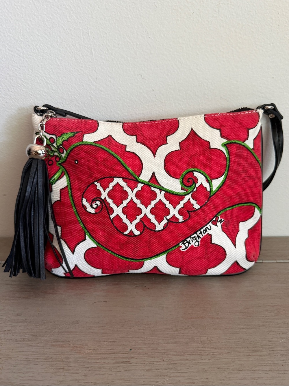 Brighton Love Dove Red Holiday Canvas Crossbody Bag Tassel Charm Peace Dove
